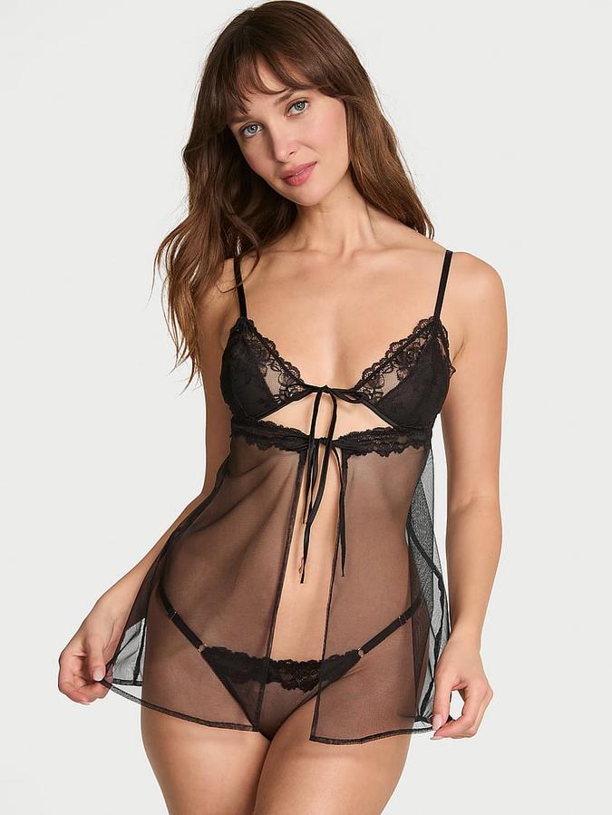 Sheer Rose Lace Triangle Babydoll Set