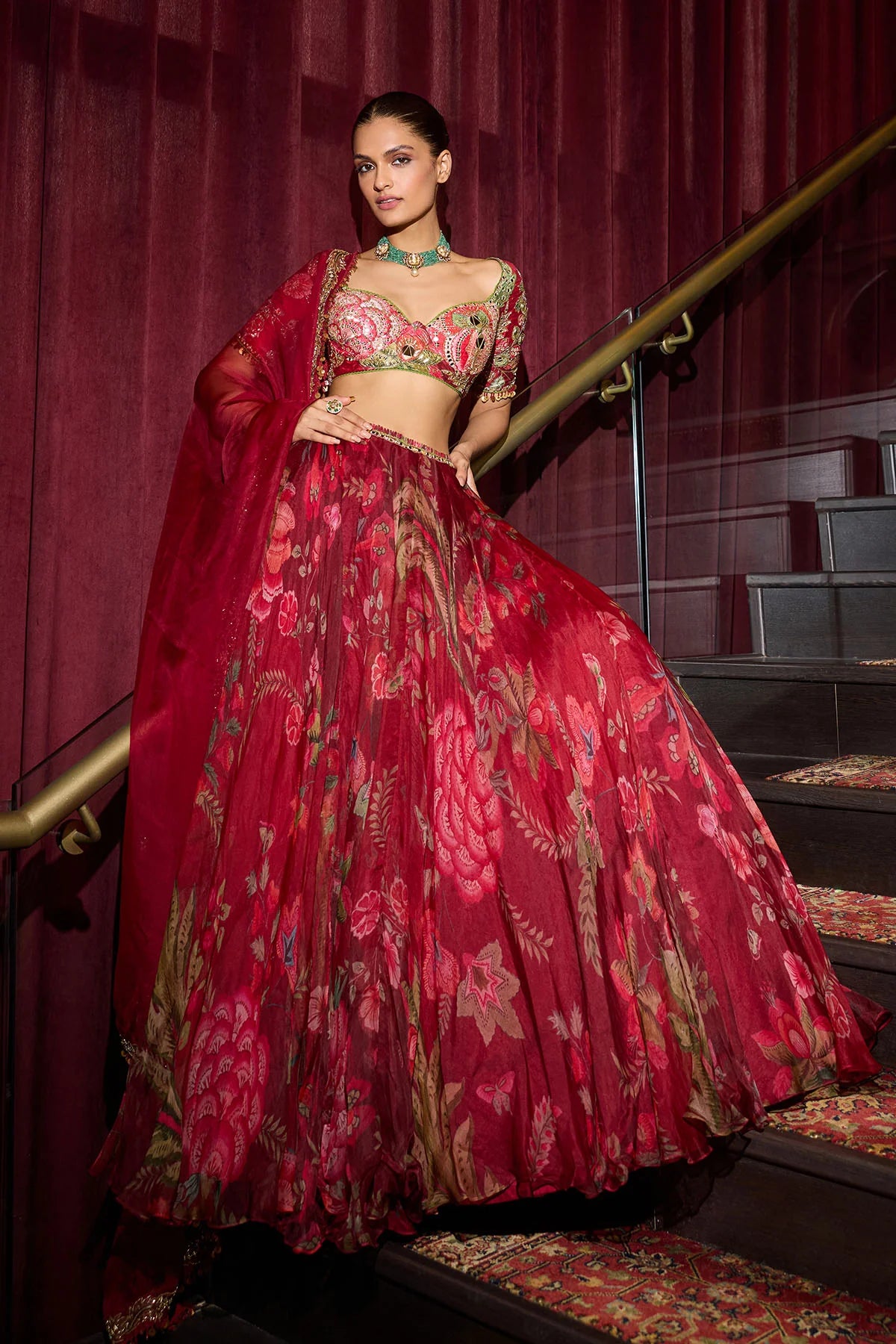 Crimson Blossom Hand-Embroidered Lehenga Set
