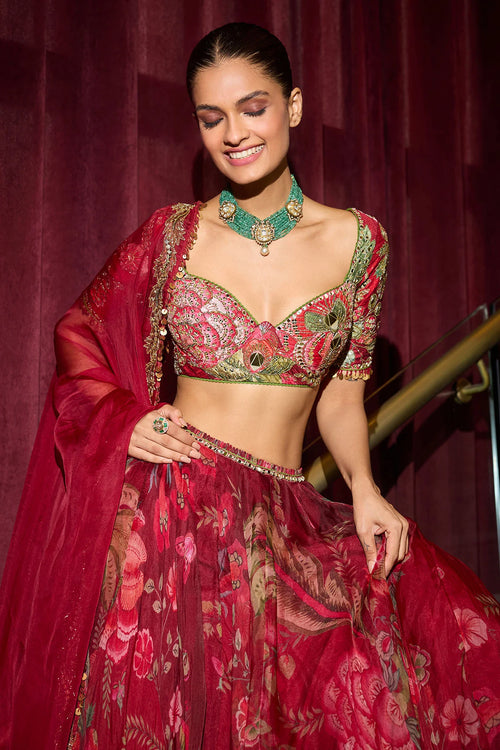 Crimson Blossom Hand-Embroidered Lehenga Set