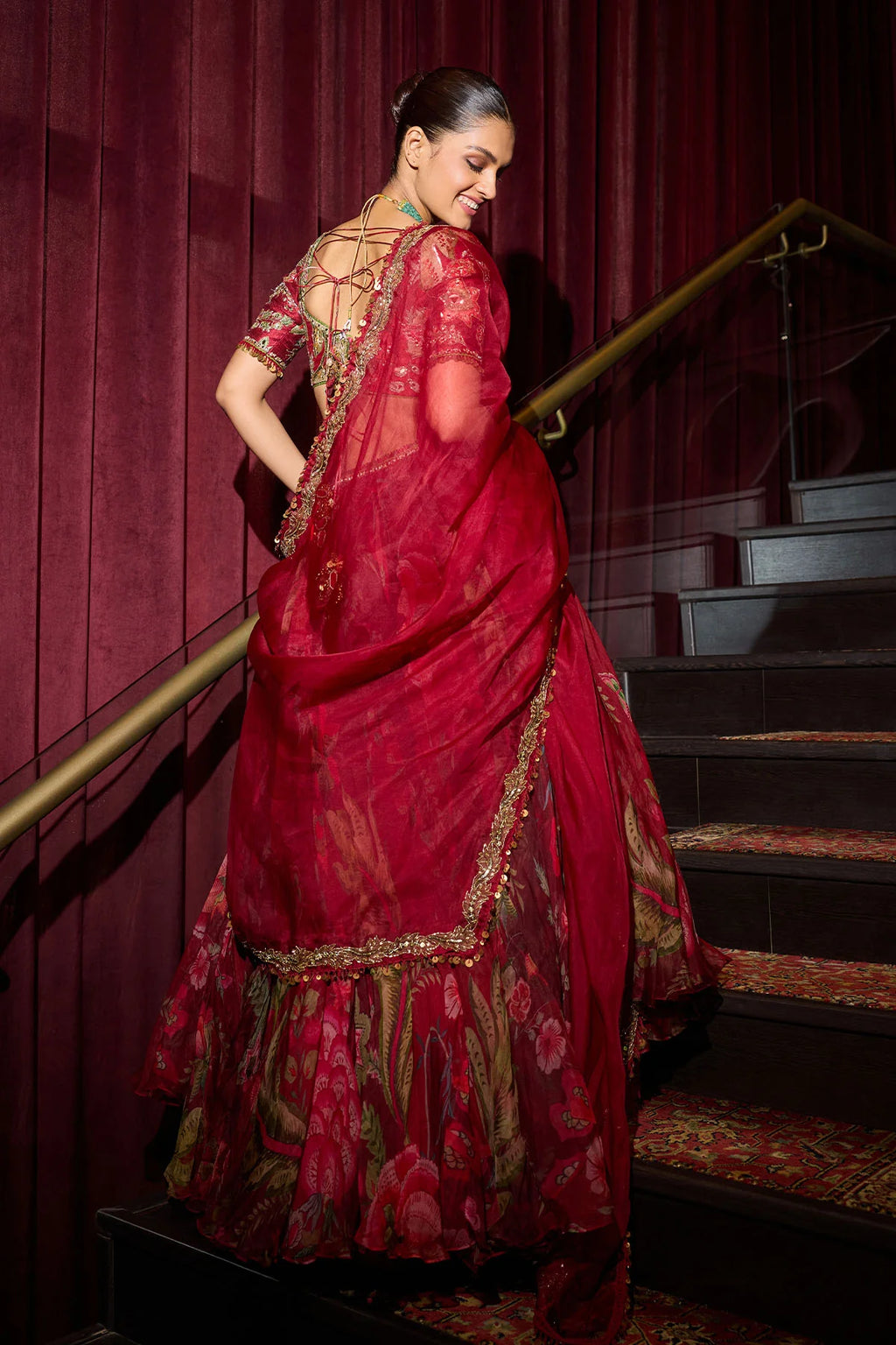 Crimson Blossom Hand-Embroidered Lehenga Set